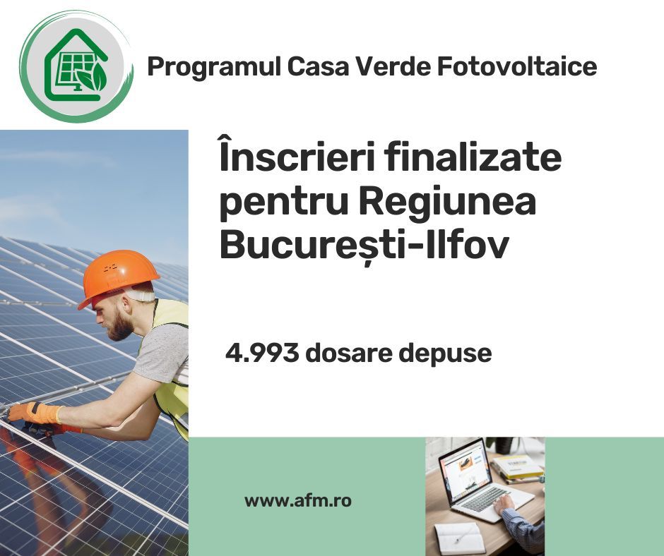 Înscrieri finalizate pentru Regiunea București-Ilfov în Programul AFM Casa Verde Fotovoltaice 2023