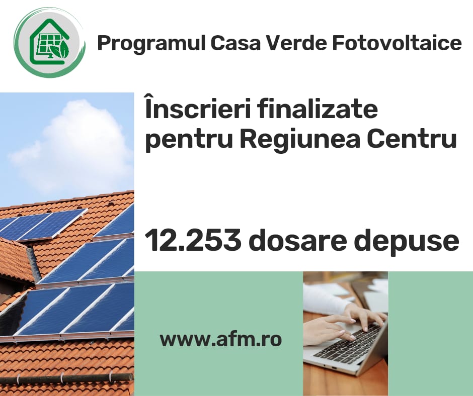 Înscrieri finalizate pentru Regiunea Centru în Programul AFM Casa Verde Fotovoltaice 2023